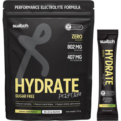 Box of 20 lemon lime Switch Nutrition Hydrate Perform sugar-free sachets with a single sachet and hydration icons.