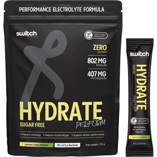 Box of 20 lemon lime Switch Nutrition Hydrate Perform sugar-free sachets with a single sachet and hydration icons.