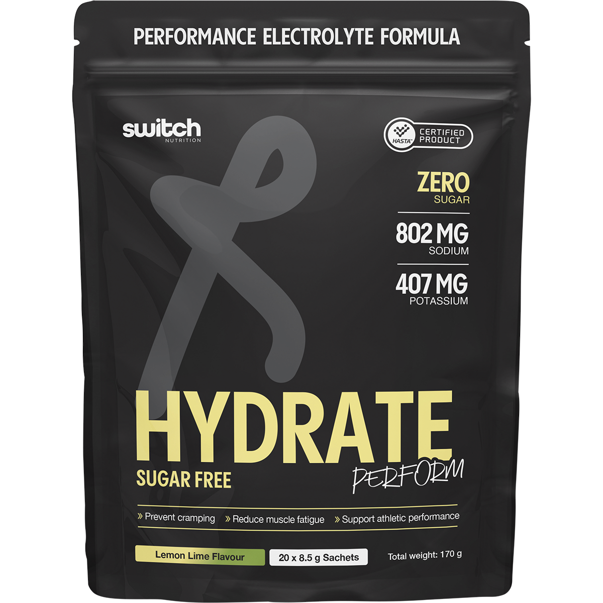 Single 8.5g lemon lime Switch Nutrition Hydrate Perform sachet with green and yellow accents on a white background.