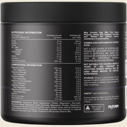 Back of Switch Nutrition Multi-Mag Perform Mango Passionfruit 150g tub showing nutritional panel and ingredients.