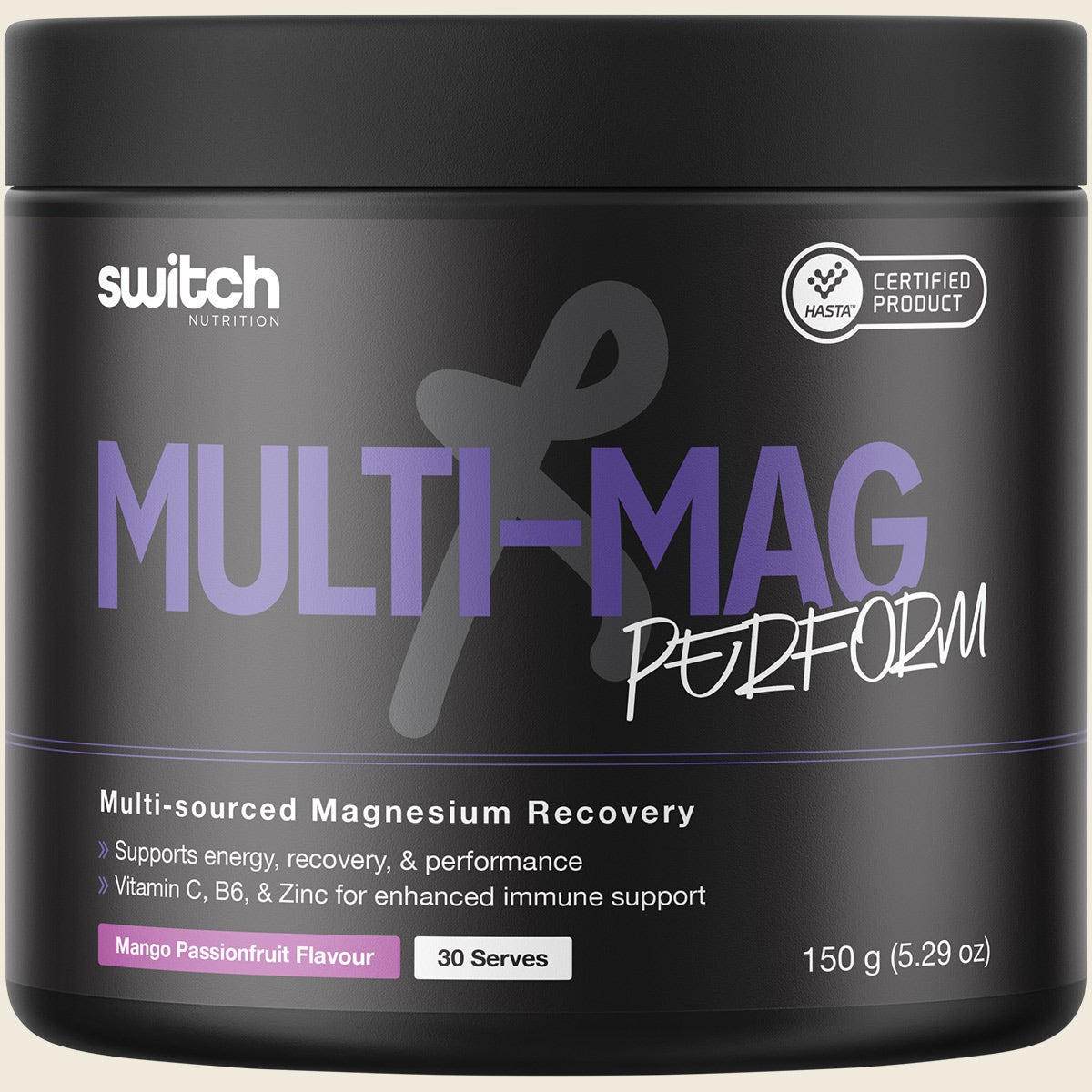 Switch Nutrition Multi-Mag Perform Mango Passionfruit 150g tub with magnesium, B6, Vitamin C, and Zinc for recovery.
