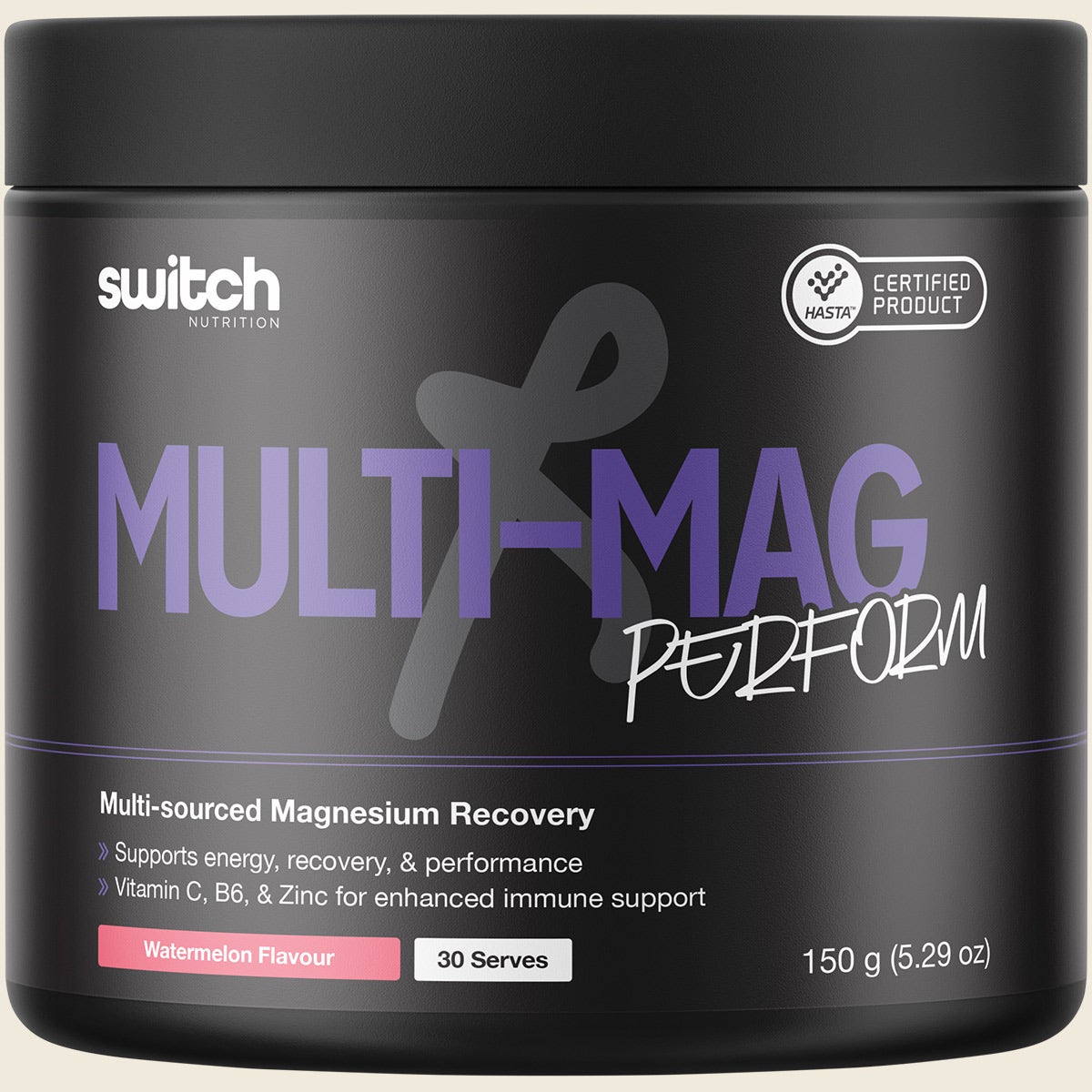 150g tub of Switch Nutrition Multi-Mag Perform Watermelon magnesium powder on a white background.