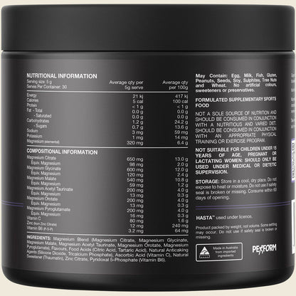 Back view of a 150g tub of Switch Nutrition Multi-Mag Perform Watermelon showing ingredient and nutritional information.