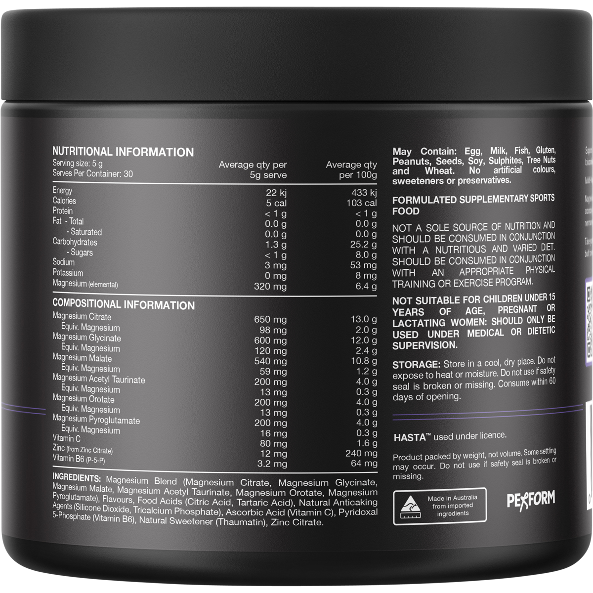 Back of Switch Nutrition Multi-Mag Raspberry tub showing nutrition facts, 320mg magnesium, and ingredients list.