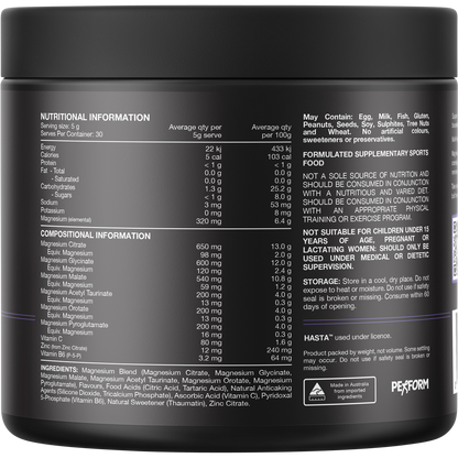 Back of Switch Nutrition Multi-Mag Raspberry tub showing nutrition facts, 320mg magnesium, and ingredients list.