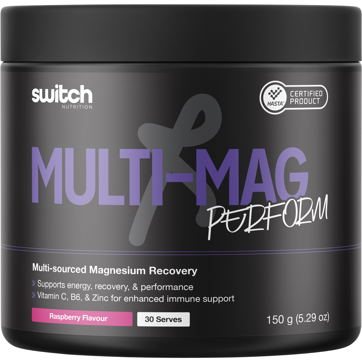 150g tub of Switch Nutrition Perform Multi-Mag Raspberry flavored magnesium supplement powder.