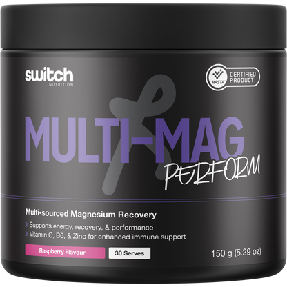 150g tub of Switch Nutrition Perform Multi-Mag Raspberry flavored magnesium supplement powder.