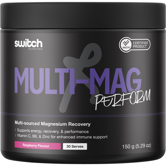 150g tub of Switch Nutrition Perform Multi-Mag Raspberry flavored magnesium supplement powder.