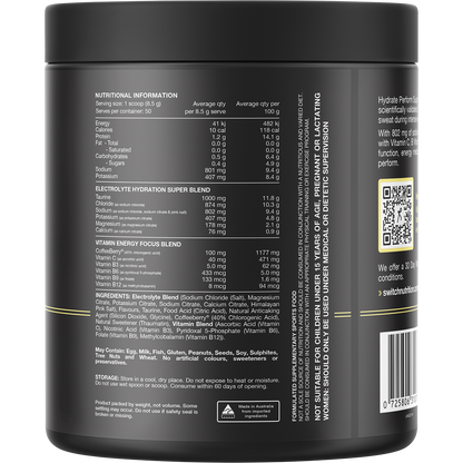 Back of a Kiwi Watermelon Switch Nutrition Perform Hydrate tub showing nutritional information and ingredients.