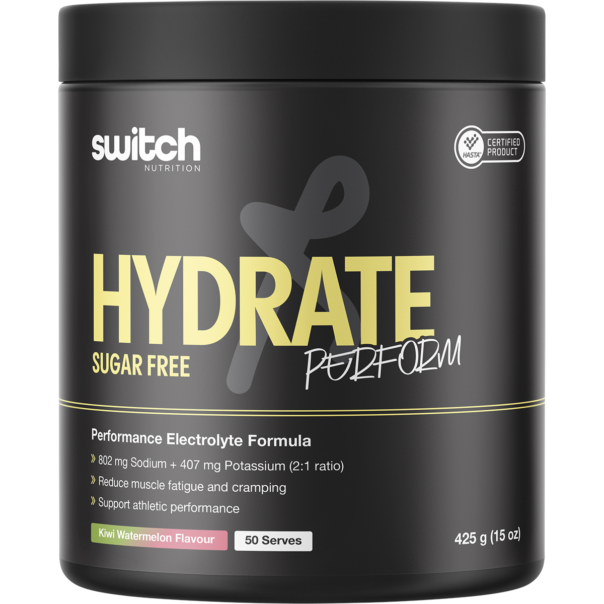 425g tub of sugar-free Switch Nutrition Perform Hydrate in Kiwi Watermelon flavor.