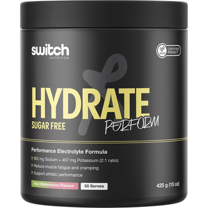 425g tub of sugar-free Switch Nutrition Perform Hydrate in Kiwi Watermelon flavor.