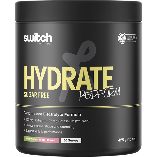425g tub of sugar-free Switch Nutrition Perform Hydrate in Kiwi Watermelon flavor.