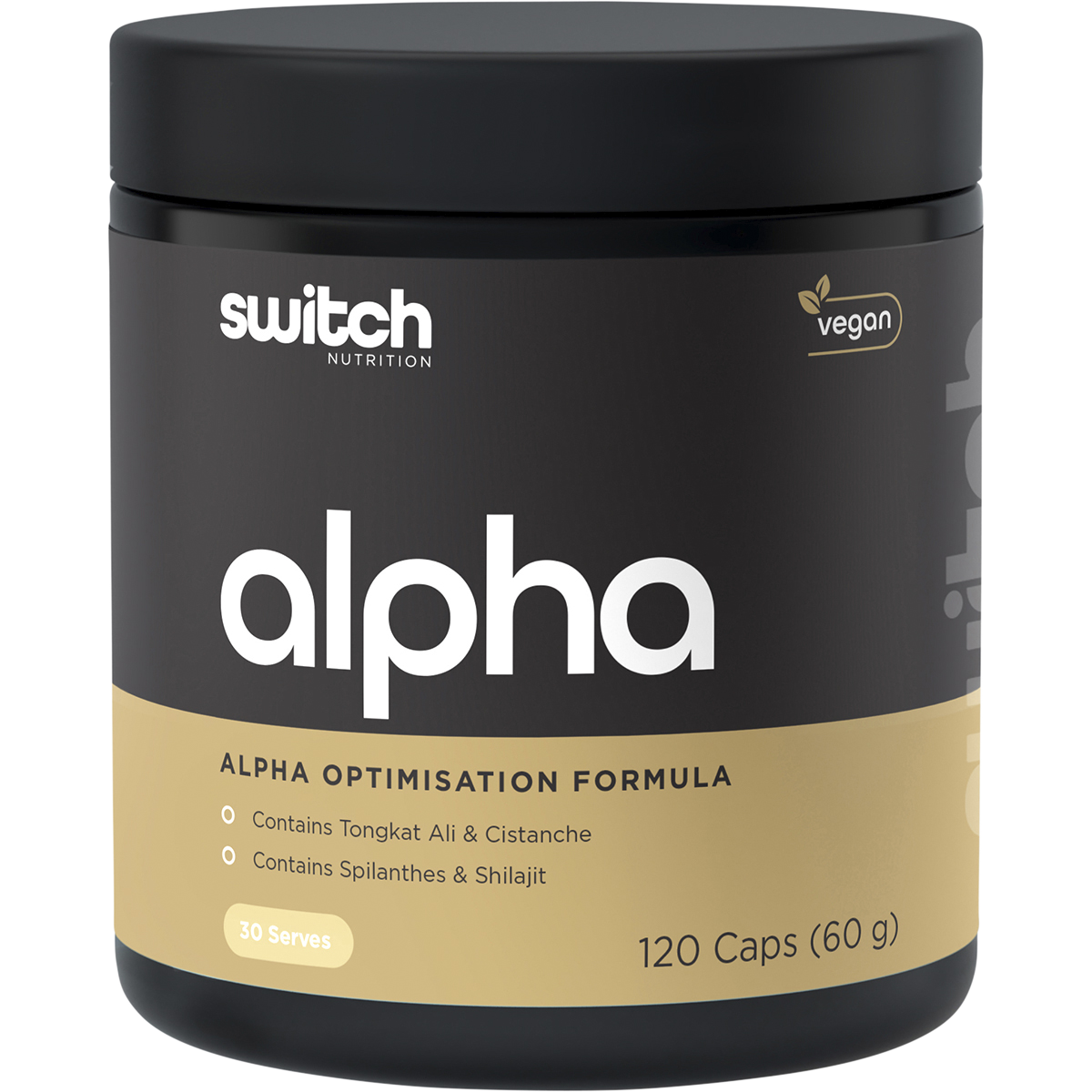 Switch Nutrition Alpha Male Support Formula 120 capsules bottle with a black label and green accents.