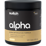 Switch Nutrition Alpha Male Support Formula 120 capsules bottle with a black label and green accents.