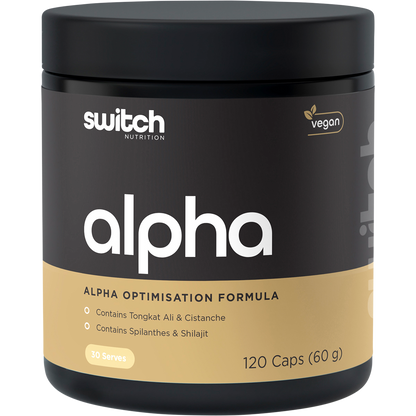 Switch Nutrition Alpha Male Support Formula 120 capsules bottle with a black label and green accents.