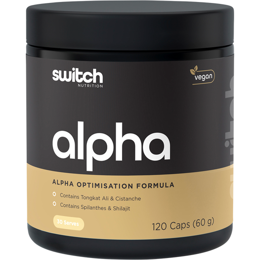 Switch Nutrition Alpha Male Support Formula 120 capsules bottle with a black label and green accents.