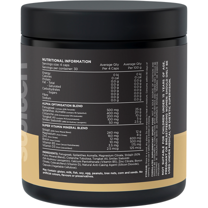 Side view of Switch Nutrition Alpha Male Support Formula bottle with a black label and green accents.