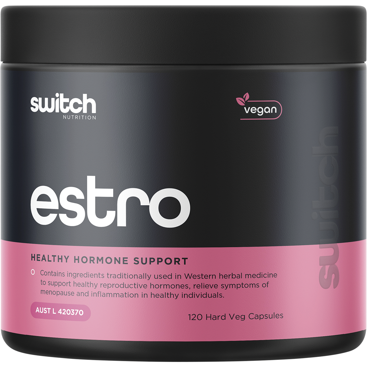 Bottle of Switch Nutrition Estro Healthy Hormone Support, 120 capsules, for hormonal balance and estrogen metabolism.