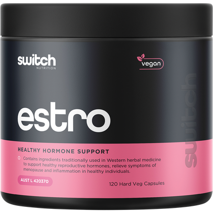 Bottle of Switch Nutrition Estro Healthy Hormone Support, 120 capsules, for hormonal balance and estrogen metabolism.
