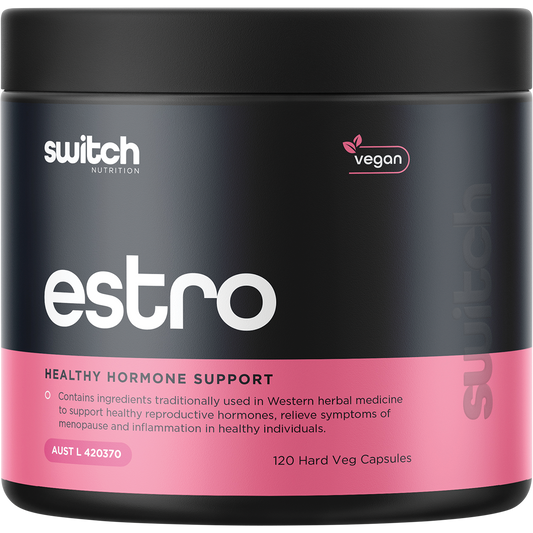 Bottle of Switch Nutrition Estro Healthy Hormone Support, 120 capsules, for hormonal balance and estrogen metabolism.