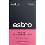 Front of the Switch Nutrition Estro 120 capsules box for healthy hormone support on a white background.