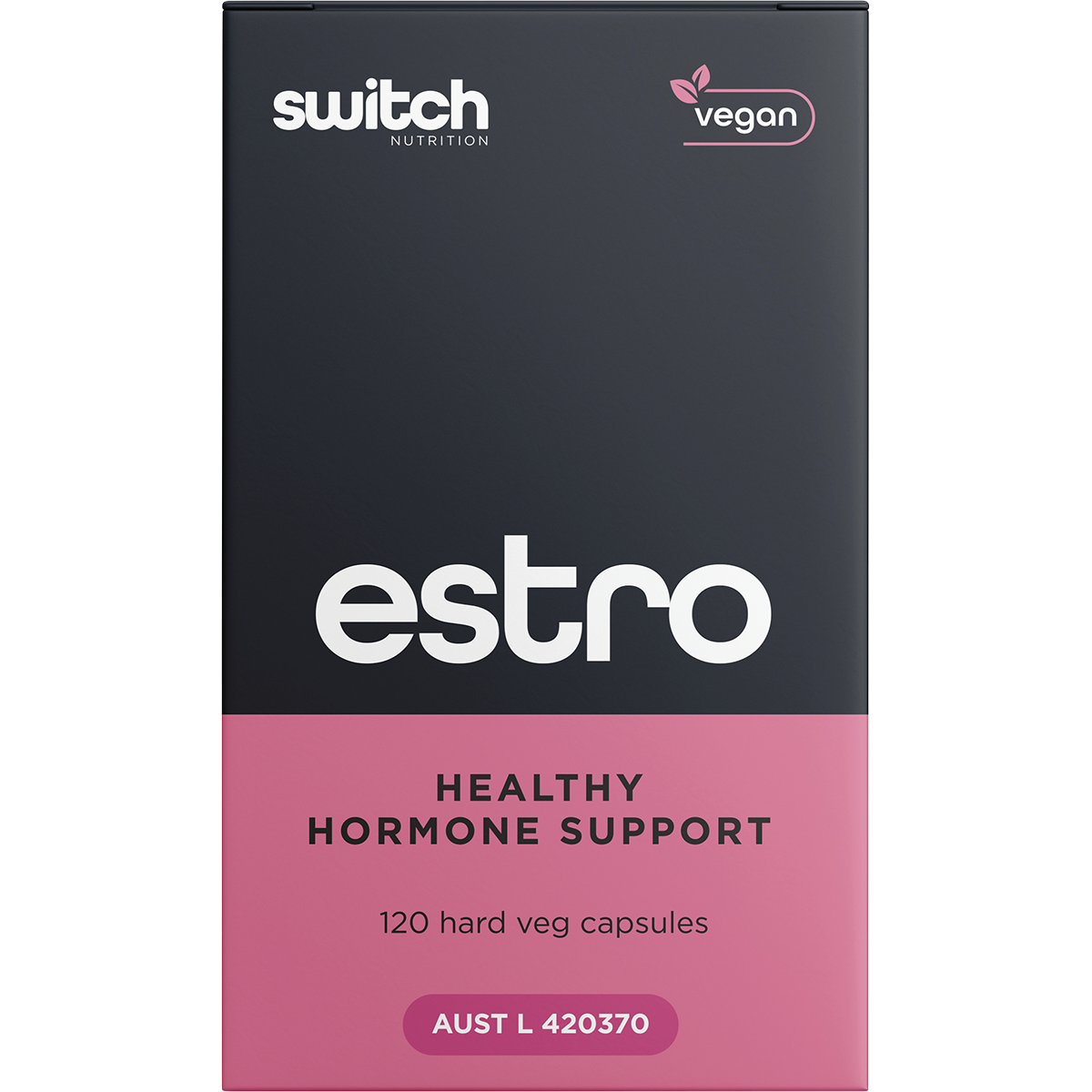 Front of the Switch Nutrition Estro 120 capsules box for healthy hormone support on a white background.