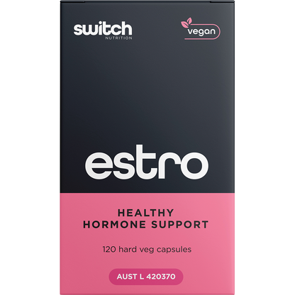 Front of the Switch Nutrition Estro 120 capsules box for healthy hormone support on a white background.