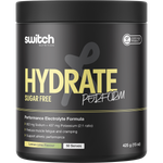 425g tub of Switch Nutrition Perform Hydrate sugar-free lemon lime electrolyte powder.
