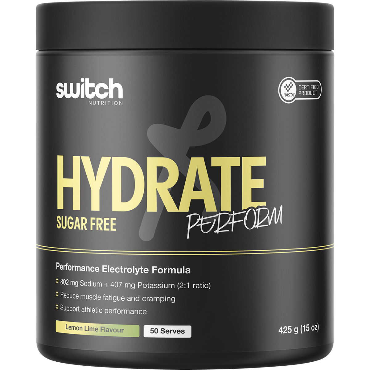 425g tub of Switch Nutrition Perform Hydrate sugar-free lemon lime electrolyte powder.