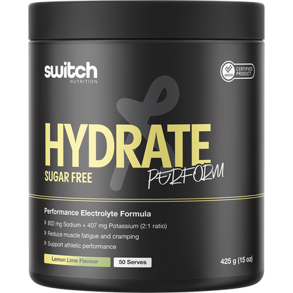 425g tub of Switch Nutrition Perform Hydrate sugar-free lemon lime electrolyte powder.