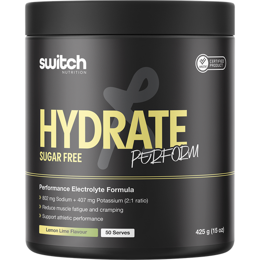 425g tub of Switch Nutrition Perform Hydrate sugar-free lemon lime electrolyte powder.