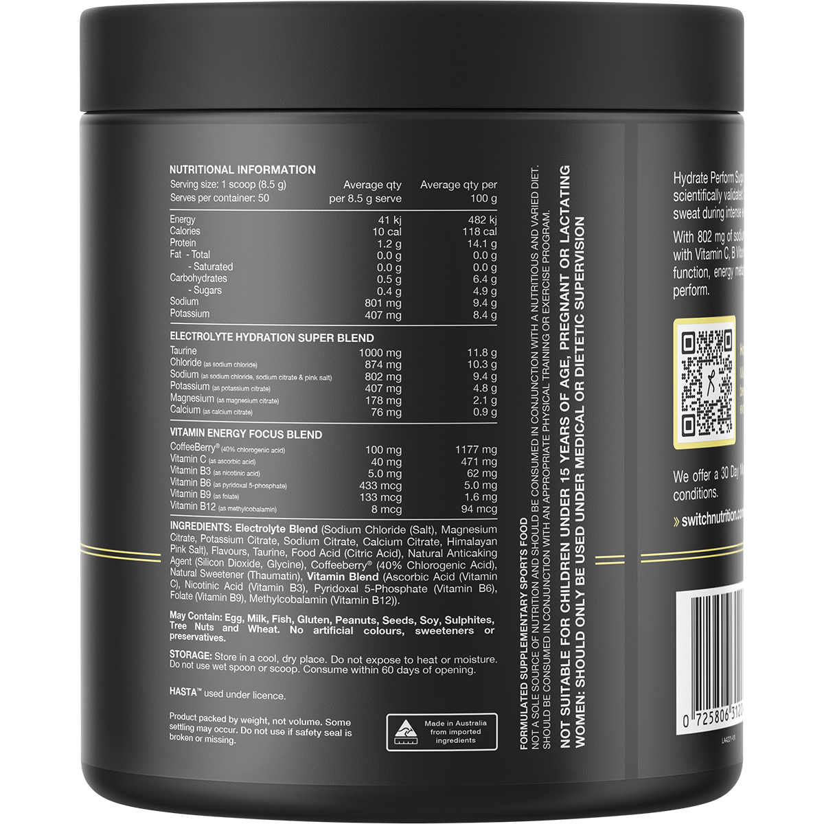 Back of Switch Nutrition Perform Hydrate Lemon Lime 425g tub showing nutritional information and ingredients.