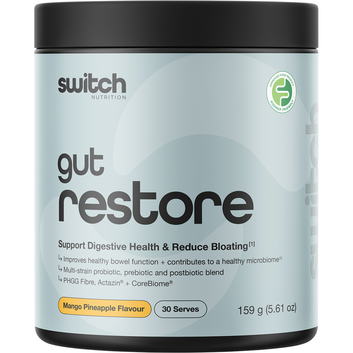 A container of Switch Nutrition Gut Restore supplement powder in Mango Pineapple Flavour, featuring a light blue label with black text and a black lid, set against a solid beige background.