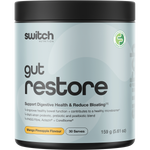 A container of Switch Nutrition Gut Restore supplement powder in Mango Pineapple Flavour, featuring a light blue label with black text and a black lid, set against a solid beige background.
