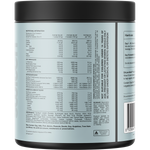 Back of a supplement tub showing nutrition facts, usage instructions, and a barcode on a white background.