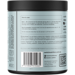 Back of a Switch Nutrition supplement tub with a black lid and light gray body, showing usage instructions, barcode, and contact details.