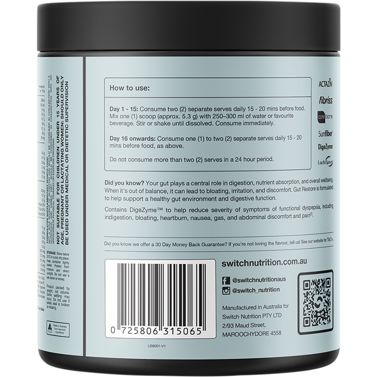 Back of a Switch Nutrition supplement tub with a black lid and light gray body, showing usage instructions, barcode, and contact details.