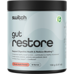 A container of Switch Nutrition Gut Restore supplement powder in Cloudy Apple Flavour, featuring a light blue label with black text and a black lid, set against a solid beige background.