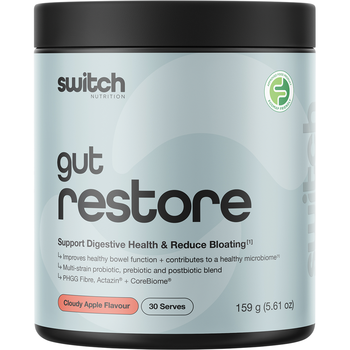 A container of Switch Nutrition Gut Restore supplement powder in Cloudy Apple Flavour, featuring a light blue label with black text and a black lid, set against a solid beige background.
