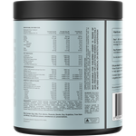 Back view of a black and white supplement tub showing detailed nutrition facts, ingredients, and directions on a white background.