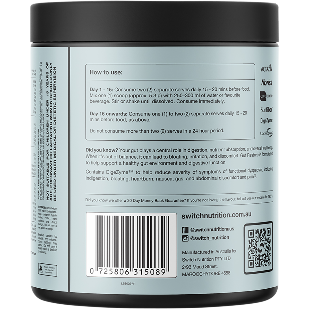 Back label of a Switch Nutrition Digestive Support supplement jar, showing usage instructions, ingredients, barcode, and contact details on a white background.