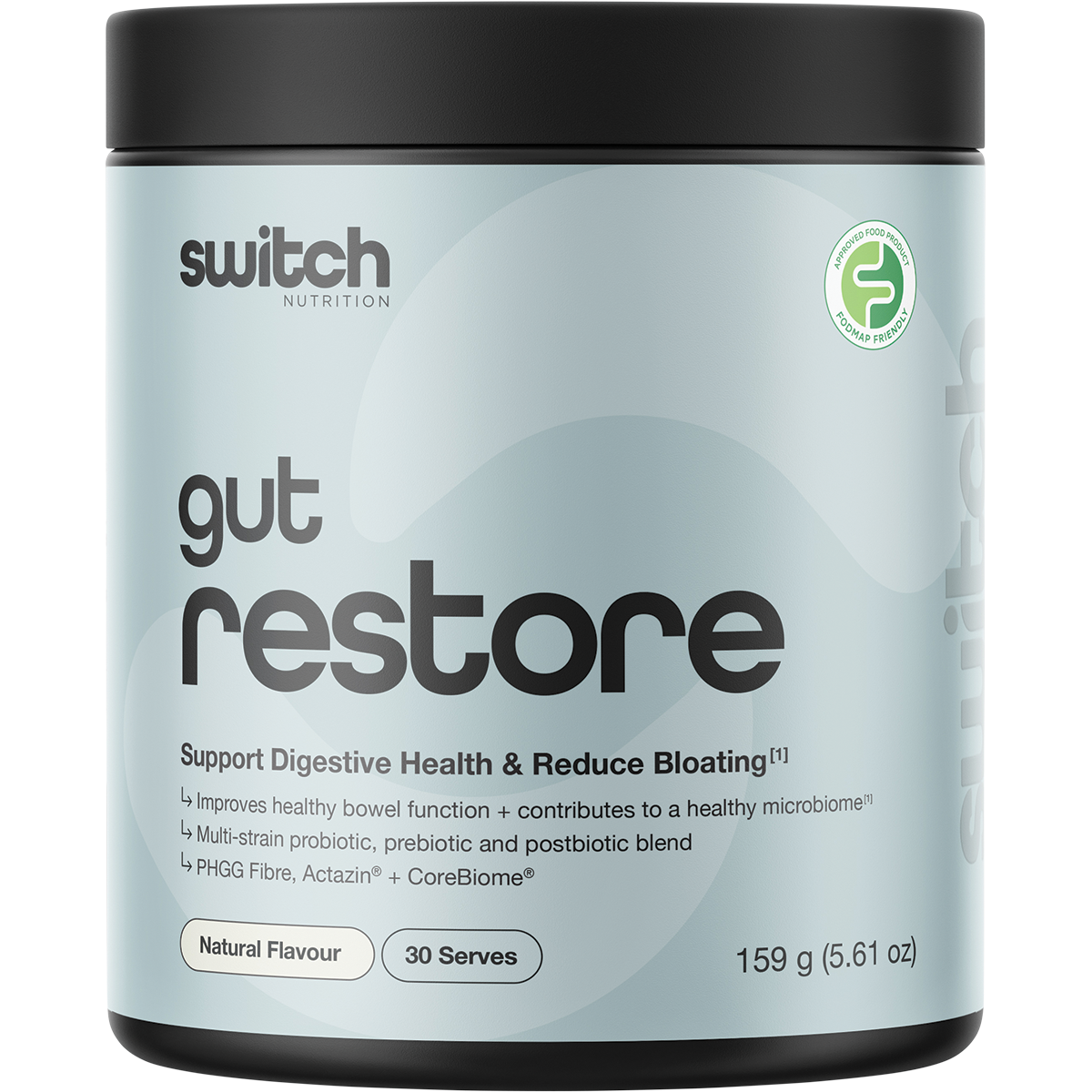 A container of Switch Nutrition Gut Restore supplement powder, featuring a light blue and white label with a black lid, set against a solid beige background.