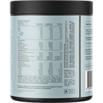 Back of a supplement tub showing nutrition facts, usage instructions, and a barcode on a white background.