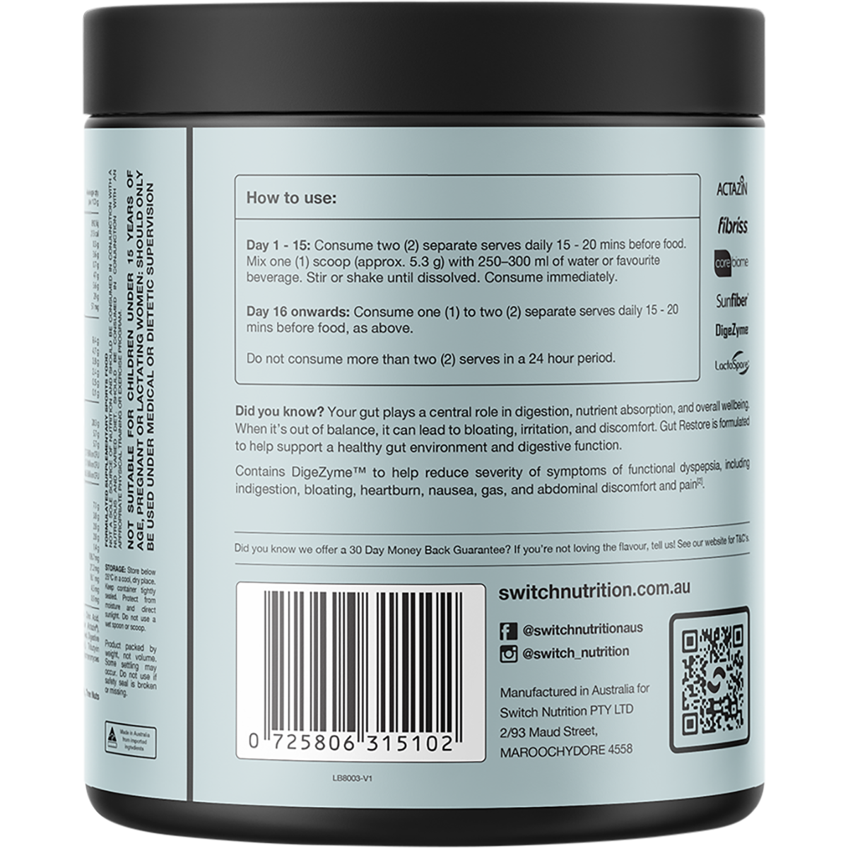 Back view of a Switch Nutrition Digestive Support supplement jar, showing the label text, barcode, and usage instructions.