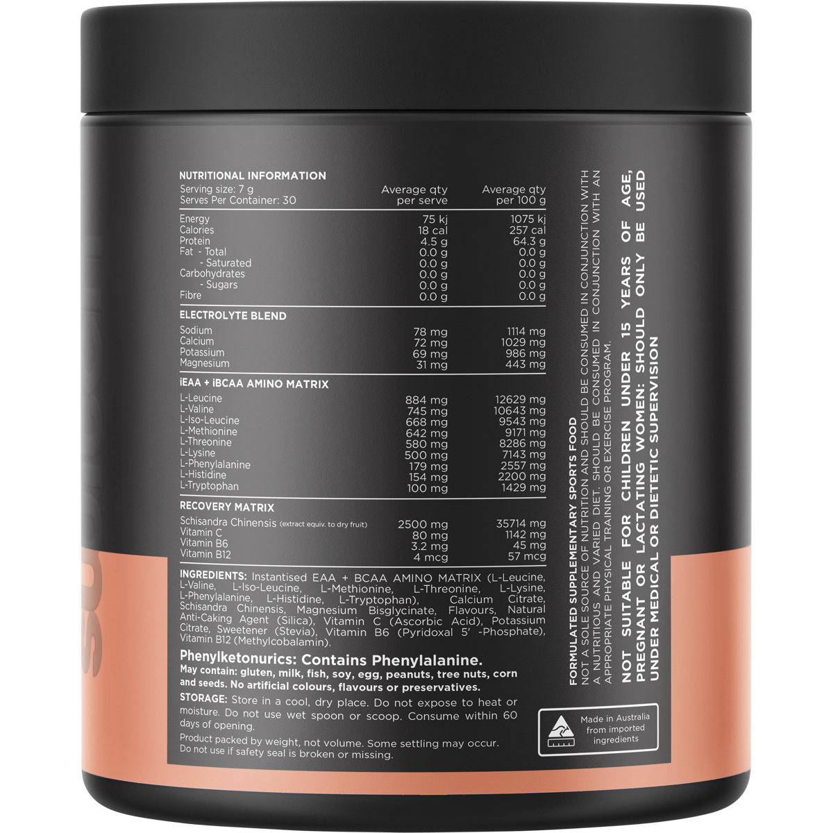 Back view of Switch Nutrition Amino Mango Kiwi 210g tub showing nutritional information and directions.
