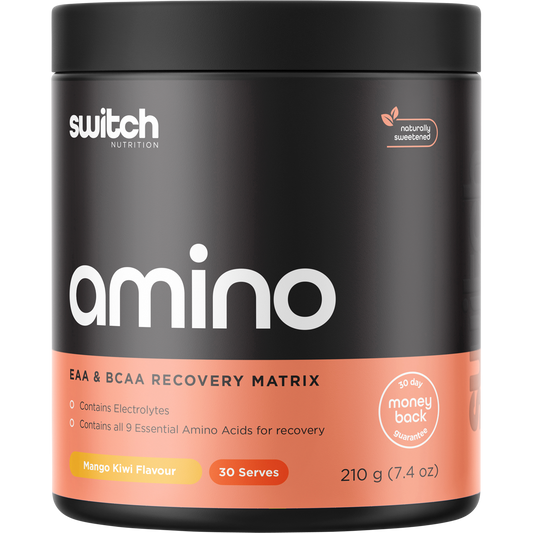 210g tub of Switch Nutrition Amino Switch Mango Kiwi EAA and BCAA recovery powder.