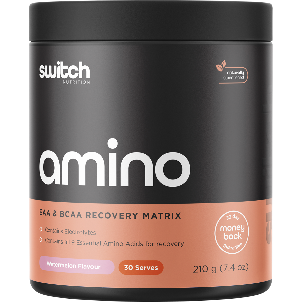 210g tub of Switch Nutrition Amino EAA and BCAA Electrolyte Recovery powder in Watermelon flavor.