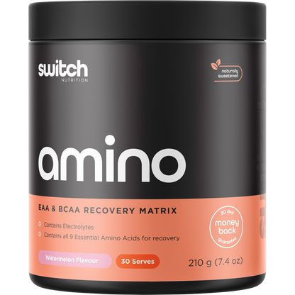 210g tub of Switch Nutrition Amino EAA and BCAA Electrolyte Recovery powder in Watermelon flavor.