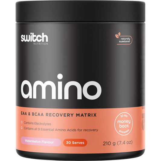 210g tub of Switch Nutrition Amino EAA and BCAA Electrolyte Recovery powder in Watermelon flavor.
