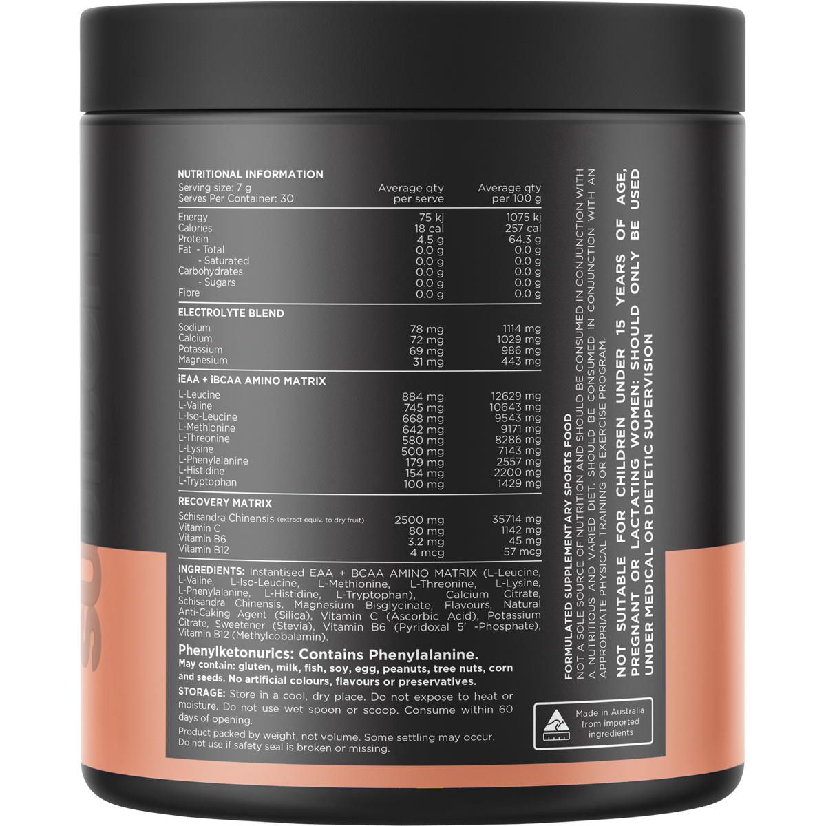 Back label of Switch Nutrition Amino Watermelon 210g tub showing nutritional information and directions.